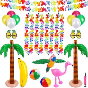 Ruisita Inflatable Luau Party Set 2 Pack Palm Trees 1 Pack Inflatable Parrot 1 Pack Inflatable Flamingo 2 Pack Beach Balls 1 Pack Banana 2 Pairs Pineapple Glasses for Summer Swimming Pool Game…