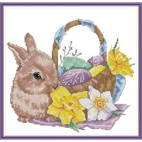 14 CT Cross Stitch Kits for Beginners Bunny & Easter Eggs Printed Stamped Cross-Stitch Supplies Needlework Printed Embroidery Kits DIY Kits Needlepoint Starter Kits 27×26cm