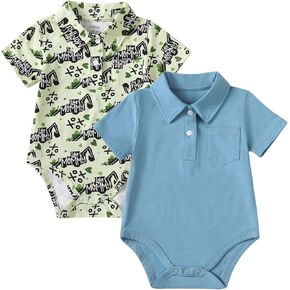 ROMPERINBOX Onsies for Baby Boy Polo Collar Bodysuit 2 Pack Short Sleeve Romper with Pocket 0-24 Months