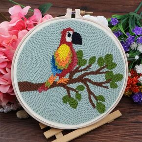Easy Smaller Size DIY Craft Punch Needle Embroidery Kits Rug for Starter Kits with Printed Pattern Cloth,Manual,Thread Pack,Punch Needle Pen,15cm Hoop (Parrot Bird)