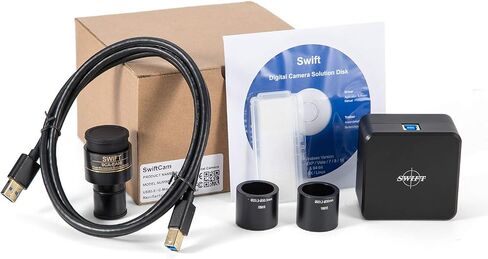 مجهر ثلاثي العينيات مركب سريع SW380T، تكبير 40X-2500X، رأس Siedentopf، مرحلة ميكانيكية من طبقتين، مع كاميرا Swiftcam 18 ميجابيكسل و100 قطعة من الشرائح الفارغة وزلات الغطاء in Kuwait
