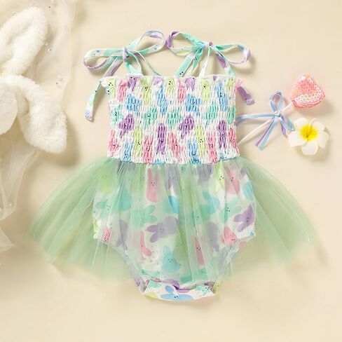 ZOELNIC لحديثي الولادة ملابس بناتي لعيد الفصح مطبوعة على شكل أرنب للرضع فتاة حبال رومبير بدلة وتنورة من التول in Kuwait