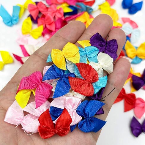 Mini Satin Ribbon Bows, 200pcs Small Ribbon Bows Flowers DIY Appliques Crafts Pre-Tied Ribbon Satin Bows for Sewing Scrapbooking Crafts Decoration Wedding Gift Box Ornament in Kuwait