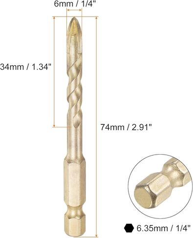HARFINGTON 12 قطعة لقم ثقب البناء الخرساني 12 مم (15/32 بوصة) طرف كربيد التنجستن المطلي بالتيتانيوم مثلث متقاطع لقمة ثقب لبلاط السيراميك والزجاج والخشب البلاستيكي، ذهبي in Kuwait