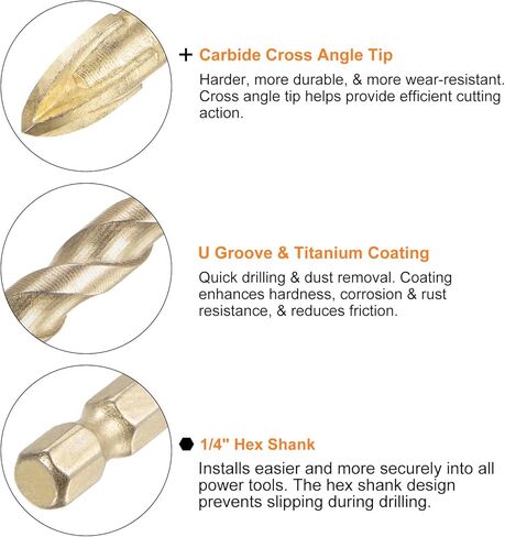 HARFINGTON 12 قطعة لقم ثقب البناء الخرساني 12 مم (15/32 بوصة) طرف كربيد التنجستن المطلي بالتيتانيوم مثلث متقاطع لقمة ثقب لبلاط السيراميك والزجاج والخشب البلاستيكي، ذهبي in Kuwait