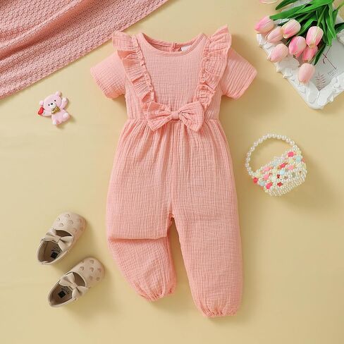 رومبير صيفي للفتيات الصغيرات، بذلة بأكمام مكشكشة وأزرار مضلعة وسروال قصير ملابس لطيفة للفتيات in Kuwait