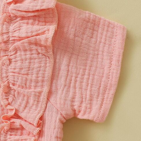 رومبير صيفي للفتيات الصغيرات، بذلة بأكمام مكشكشة وأزرار مضلعة وسروال قصير ملابس لطيفة للفتيات in Kuwait