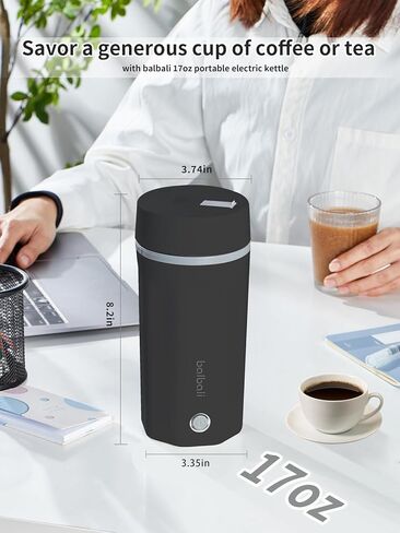 balbali 17oz Travel Kettle Portable Electric Kettle - Mini Hot Water Boiler/Maker/Heater/Warmer for Tea - Small Electric Thermos Heated Travel Mug - Portable Kettle for Travel - Black in Kuwait
