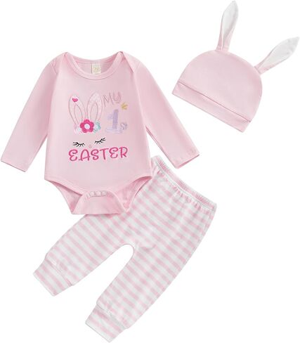 Bowanadacles My 1st Easter Baby Girl Clothes Outfit Bunny Long Sleeve Romper Elastic Waist Stripe Pants Rabbit Ear Hat Set in Kuwait