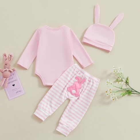 Bowanadacles My 1st Easter Baby Girl Clothes Outfit Bunny Long Sleeve Romper Elastic Waist Stripe Pants Rabbit Ear Hat Set in Kuwait