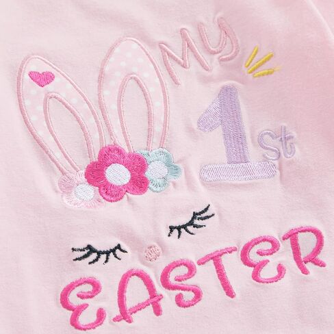 Bowanadacles My 1st Easter Baby Girl Clothes Outfit Bunny Long Sleeve Romper Elastic Waist Stripe Pants Rabbit Ear Hat Set in Kuwait