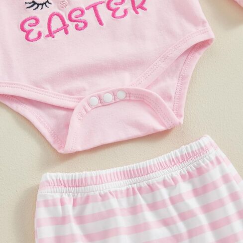Bowanadacles My 1st Easter Baby Girl Clothes Outfit Bunny Long Sleeve Romper Elastic Waist Stripe Pants Rabbit Ear Hat Set in Kuwait