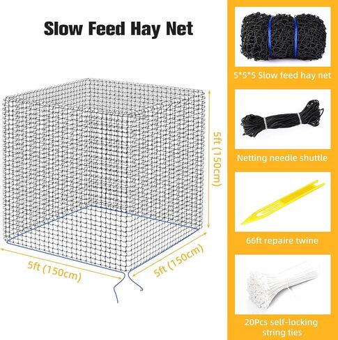 شبكة قش مستديرة سميكة ومتينة للخيول - حجم كبير 5 × 5 أقدام، شبكة نايلون سوداء بفتحات 1.75 بوصة - شبكات قش بطيئة التغذية للخيول والماعز - حل تغذية أكثر صحة. in Kuwait