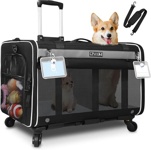 Petskd Double Cat Carrier with Wheels Rolling Pet Carrier for 2 Dogs Cats Up to 35lbs Removable Wheels Dog Carrier 2 Compartment for Traveling Camping (Dark Black) in Kuwait
