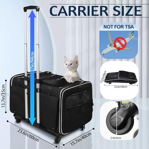 Petskd Double Cat Carrier with Wheels Rolling Pet Carrier for 2 Dogs Cats Up to 35lbs Removable Wheels Dog Carrier 2 Compartment for Traveling Camping (Dark Black) in Kuwait