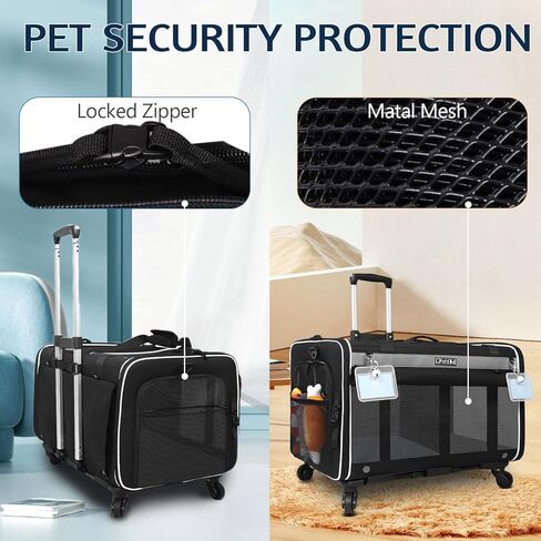Petskd Double Cat Carrier with Wheels Rolling Pet Carrier for 2 Dogs Cats Up to 35lbs Removable Wheels Dog Carrier 2 Compartment for Traveling Camping (Dark Black) in Kuwait