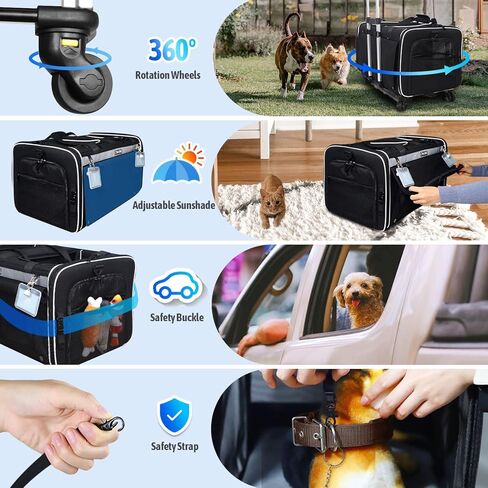 Petskd Double Cat Carrier with Wheels Rolling Pet Carrier for 2 Dogs Cats Up to 35lbs Removable Wheels Dog Carrier 2 Compartment for Traveling Camping (Dark Black) in Kuwait