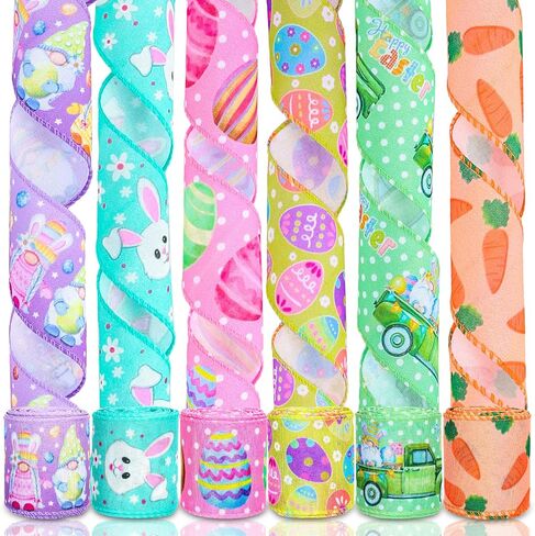 Whaline 6 Roll Easter Wired Edge Ribbon 30 Yards Easter Egg Bunny Rabbit Carrot Truck Gnome Patterned Fabric Ribbon Spring Decorative Craft Ribbon for Gift Wrapping Hair Bow Sewing Wreath Crafts in Saudi Arabia