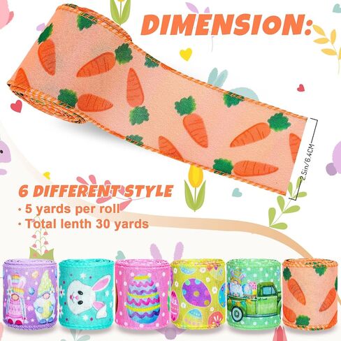 Whaline 6 Roll Easter Wired Edge Ribbon 30 Yards Easter Egg Bunny Rabbit Carrot Truck Gnome Patterned Fabric Ribbon Spring Decorative Craft Ribbon for Gift Wrapping Hair Bow Sewing Wreath Crafts in Saudi Arabia
