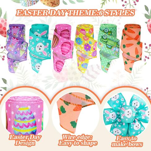 Whaline 6 Roll Easter Wired Edge Ribbon 30 Yards Easter Egg Bunny Rabbit Carrot Truck Gnome Patterned Fabric Ribbon Spring Decorative Craft Ribbon for Gift Wrapping Hair Bow Sewing Wreath Crafts in Saudi Arabia