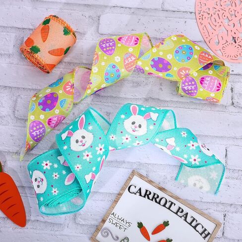 Whaline 6 Roll Easter Wired Edge Ribbon 30 Yards Easter Egg Bunny Rabbit Carrot Truck Gnome Patterned Fabric Ribbon Spring Decorative Craft Ribbon for Gift Wrapping Hair Bow Sewing Wreath Crafts in Saudi Arabia