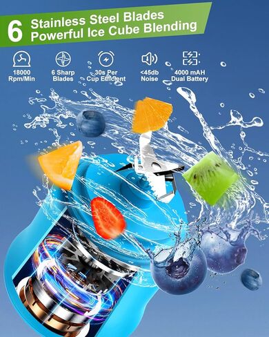خلاط محمول، خلاط عصير طازج صغير سريع بقدرة 4000 مللي أمبير في الساعة للمخفوقات والعصائر مع 6 شفرات، خلاط شخصي خالٍ من مادة BPA سعة 20 أونصة قابل لإعادة الشحن عبر USB للمطبخ والمنزل والسفر in Kuwait