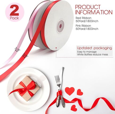 شريط أحمر وشريط ذهبي، بكرتان إجمالي 100 ياردة، شريط ساتان بلون خالص مزدوج الوجه، 3/8 بوصة، شريط خفيف لتغليف الهدايا، باقة الزهور، زينة بالونات شجرة عيد الميلاد، صناعة القوس، عيد الحب in Kuwait