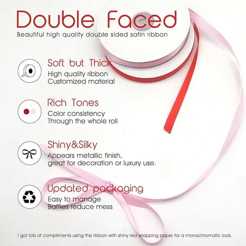 شريط أحمر وشريط ذهبي، بكرتان إجمالي 100 ياردة، شريط ساتان بلون خالص مزدوج الوجه، 3/8 بوصة، شريط خفيف لتغليف الهدايا، باقة الزهور، زينة بالونات شجرة عيد الميلاد، صناعة القوس، عيد الحب in Kuwait