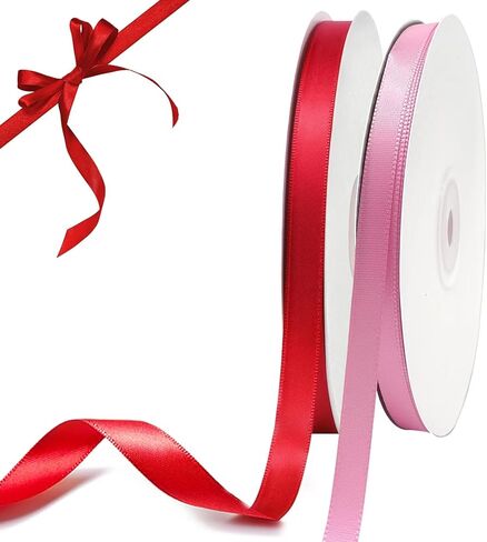 شريط أحمر وشريط ذهبي، بكرتان إجمالي 100 ياردة، شريط ساتان بلون خالص مزدوج الوجه، 3/8 بوصة، شريط خفيف لتغليف الهدايا، باقة الزهور، زينة بالونات شجرة عيد الميلاد، صناعة القوس، عيد الحب in Kuwait