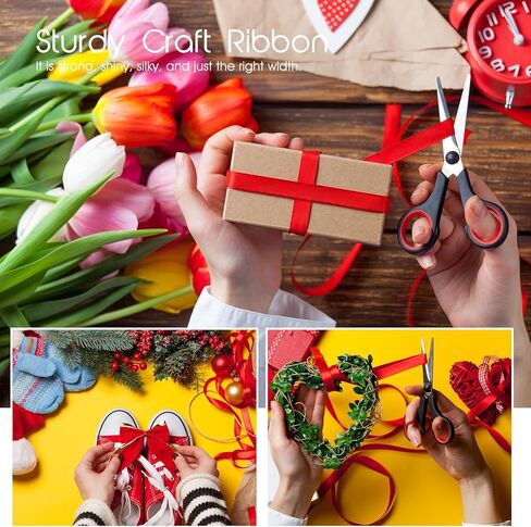 شريط أحمر وشريط ذهبي، بكرتان إجمالي 100 ياردة، شريط ساتان بلون خالص مزدوج الوجه، 3/8 بوصة، شريط خفيف لتغليف الهدايا، باقة الزهور، زينة بالونات شجرة عيد الميلاد، صناعة القوس، عيد الحب in Kuwait