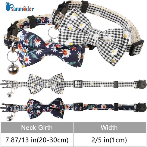 طوق قطط من BANMODER قابل للانفصال مع أجراس، ربطة عنق قطط لطيفة، 2 حزمة منقوشة آمنة وطوق قطط على شكل زهرة للقطط الذكور والبنات (أسود وأزرق) in Saudi Arabia