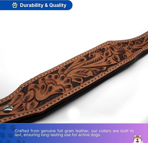 Handcrafted Argentinian Leather Dog Collar with Floral Tooling - Premium Quality in Kuwait