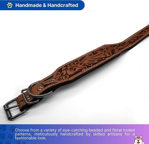 Handcrafted Argentinian Leather Dog Collar with Floral Tooling - Premium Quality in Kuwait
