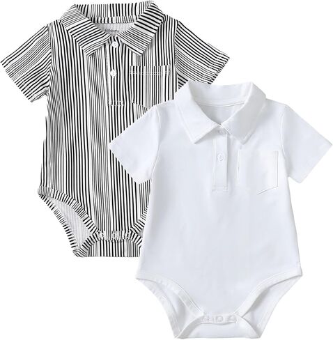 ROMPERINBOX Onsies للطفل الصبي طوق بولو ارتداءها 2 حزمة رومبير قصيرة الأكمام مع جيب 0-24 شهرا in Kuwait