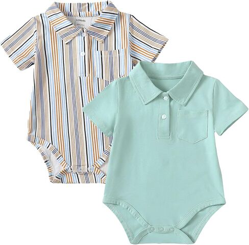 ROMPERINBOX Onsies for Baby Boy Polo Collar Bodysuit 2 Pack Short Sleeve Romper with Pocket 0-24 Months in Saudi Arabia