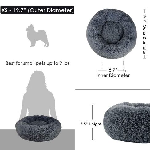 Dog Bed, Donut Dog Bed Cat Beds Cuddler Nest Soft Plush Dog Cat Cushion with Cozy Sponge Non-Slip Bottom for Small Medium Pets Snooze Sleeping Indoor, Machine Washable (S - 19 inch, Deep Grey) in Kuwait