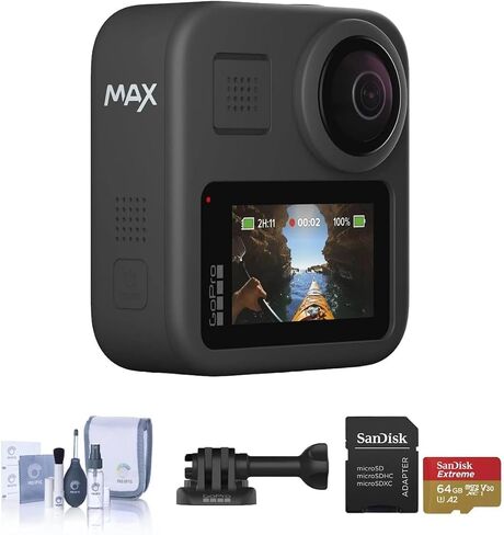 GoPro MAX Waterproof 360 + Traditional Camera with Touch Screen Spherical 5.6K30 HD Video 16.6MP 360 Photos 1080p Live Streaming Stabilization Bundle with SD Card and Cleaning Kit in Saudi Arabia