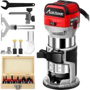 AVID POWER 6.5 Amp 1.25 HP Compact Router Tools for Woodworking, Fixed Base Wood Router with Trim Router Bits, 6 Variable Speeds, Edge Guide, Roller Guide and Dust Hood