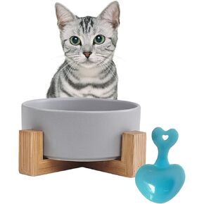 Ceramic Dog Cat Bowl with Wood Stand,Cat Food & Water Bowls Elevated Non-Spill Modern Cute Cat Dish Heavy Weighted Round Pet Dishes Set for Small Kitten Grown Cat(Grey)