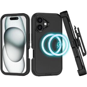 Compatible with iPhone 16 Case, with Belt Clip Holster Heavy Duty Rugged Shockproof Magnetic Wireless Charging Full Body Protection Kickstand Cover for iPhone 16 6.1 inch Phone (Black)