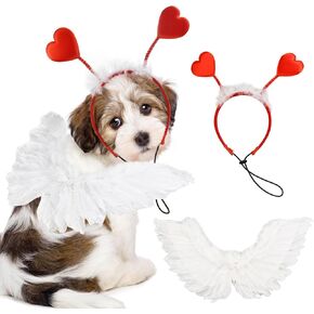 Adorable Heart-Throb Pup Valentine's Day Costume Set with Feather Wing & Heart Headband Heart-Themed Dog Apparel Outfits Perfect for Medium to Big Dog Breeds