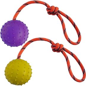 2 Pcs Dog Toy Ball with Rope Handle，Dog Training Ball on Rope Toy ，Hollow Rubber Ball for Fetch, Catch, Throw and Tug of War，Not Suitable for Strong Chewing Power Dog (White+Red, L)