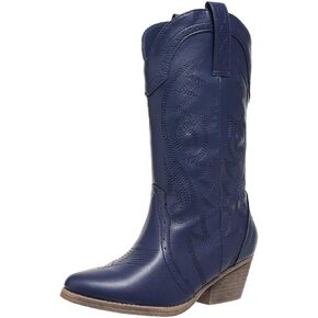 Cowboy Boots for Women Wide Calf Cowgirl Boots Pointed Toe Embroidery Stitched Fashion Western Boot Mid-Calf with Pull-on Tabs, US Size 5-11