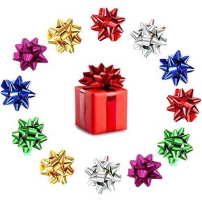 Christmas Wrapping Bow, elify Metallic Ribbon Star Bow 3" Inch Gift Bows, 24pcs Self Adhesive PP Plastic Confetti Bow, Med Size Assorted Color Decoration Holiday Wedding Birthday Presents Box Bows