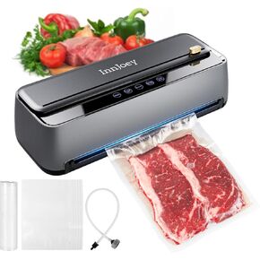 Vacuum Sealer Machine, 85kPa 120W Automatic Food Sealer, Powerful Sealing System, Build-in Cutter | Moist Mode and Air Suction Hose | Bag Rolls and 5pcs Storage Bags