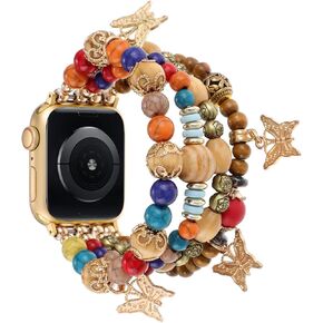 Natural Stone Bracelet Compatible for Apple Watch Band 38mm/40mm/41mm 42mm/44mm/45mm/49mm Series 9 8 7 6 5 4 3 2 1,Stylish Boho Beaded-Bands,Handmade Elastic Stretch Beaded Strap with Cute Pendants
