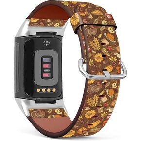 Compatible with Fitbit Charge 5, Patterned Leather Replacement Band (Dove, Turkey, Pumpkin and Autumn Leaf Thanksgiving Theme)