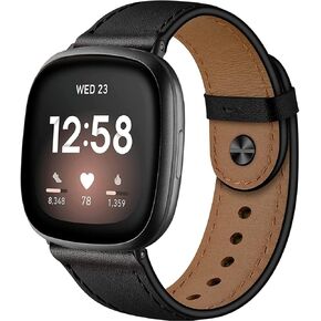 Compatible with Fitbit Sense/Fitbit Versa 3 Bands for Women Men, Soft Genuine Leather Band Slim Strap Replacement Accessories Wristband for Fitbit Versa 3/Fitbit Sense Smart Watch (Black Black)