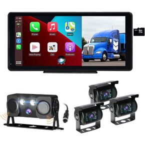 4K RV&Semi-Truck Wireless Backup Camera System 4CH Dash Cam DVR Recording with 10.36" CarPlay&Android Auto 4-Split Screen GPS AHD IP69 Waterproof Night Vision for RV Truck Trailer Camper Van