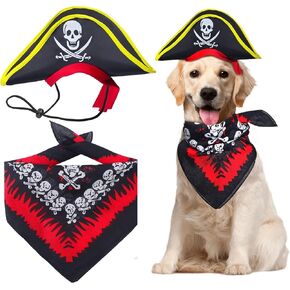 2 Pieces Pet Pirate Hat with Pirate Skull Bandana Costume Dog Cat Captain Cap Halloween Pirate Cosplay Costumes Puppy Pirates of The Caribbean Style Clothes Funny Dress Up Outfits Accessories (A)